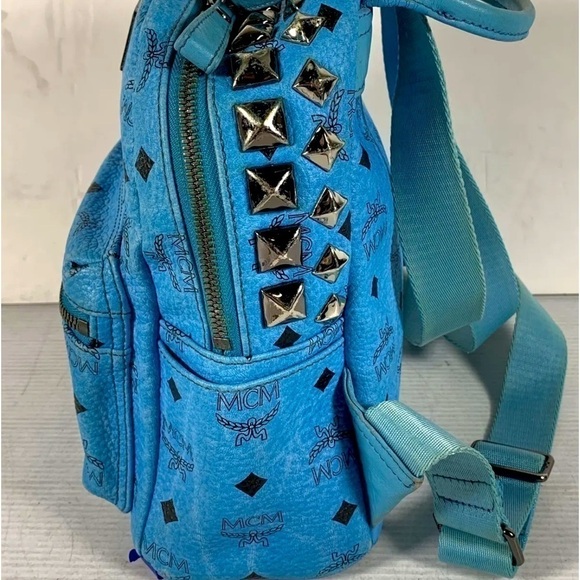 MCM Womens Backpack Blue leather Visetos Logo Studded w/COA - Picture 7 of 13